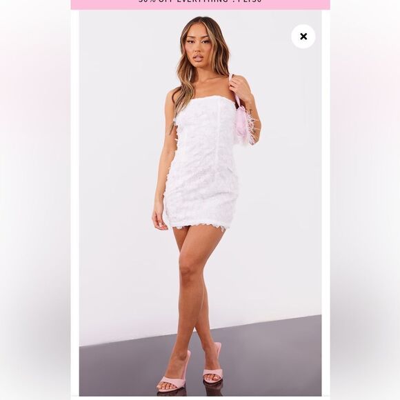 Prettylittlething PETITE WHITE TEXTURED SEQUIN MINI BANDEAU DRESS NWT - Picture 1 of 8